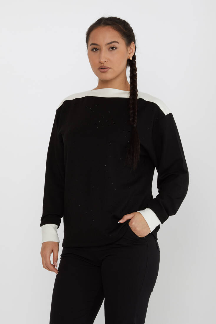 Women's Sweatshirt Collar Detailed Stoned Black - 2246 | KAZEE