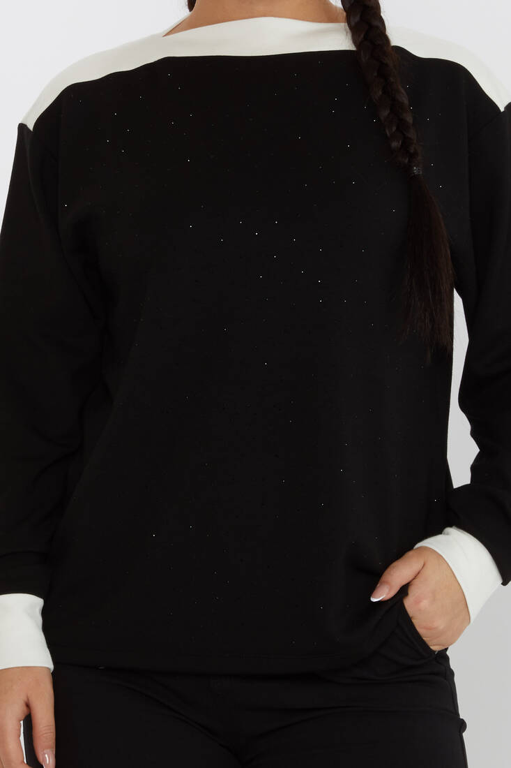 Women's Sweatshirt Collar Detailed Stoned Black - 2246 | KAZEE