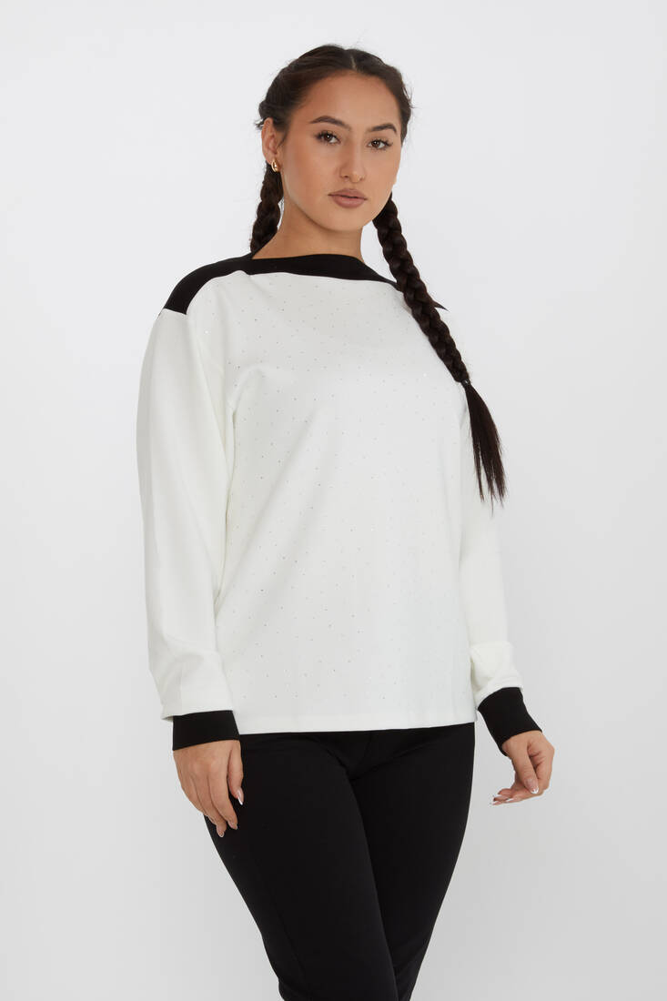 Women's Sweatshirt Collar Detailed Stoned Ecru - 2246 | KAZEE