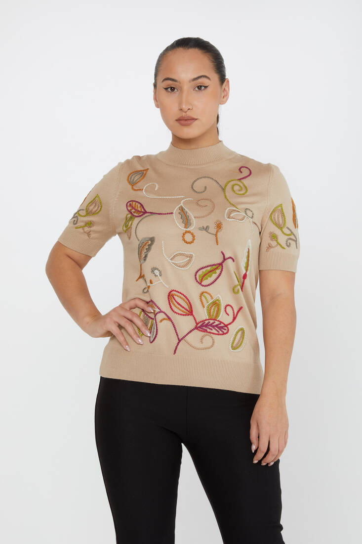 Women's Sweatshirt Embroidered Beige - 15844 | KAZEE