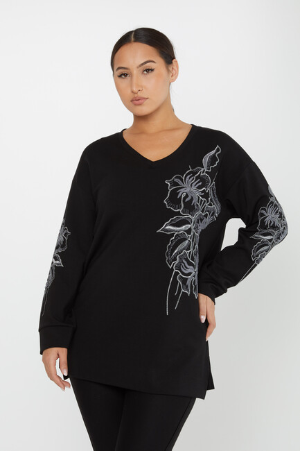 Women's Sweatshirt Embroidered Floral Pattern Black - 17783 | KAZEE - Thumbnail