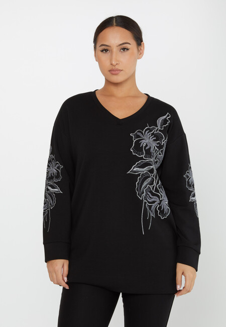 Women's Sweatshirt Embroidered Floral Pattern Black - 17783 | KAZEE - Thumbnail