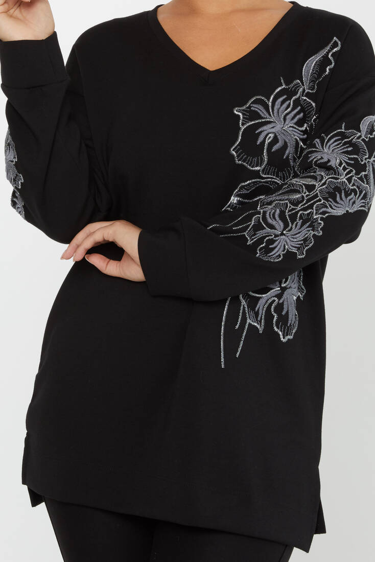 Women's Sweatshirt Embroidered Floral Pattern Black - 17783 | KAZEE