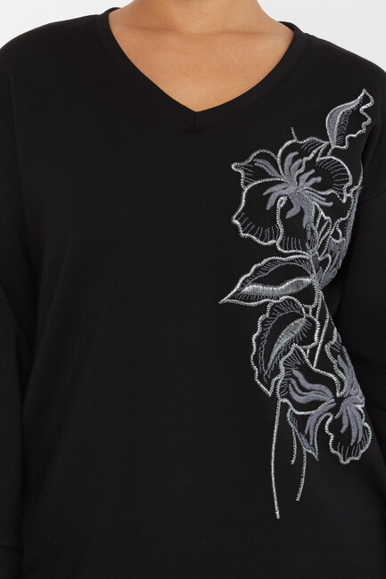 Women's Sweatshirt Embroidered Floral Pattern Black - 17783 | KAZEE - Thumbnail