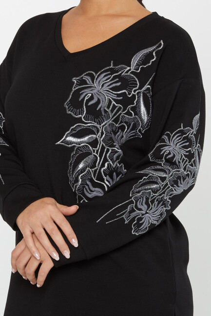 Women's Sweatshirt Embroidered Floral Pattern Black - 17783 | KAZEE - Thumbnail