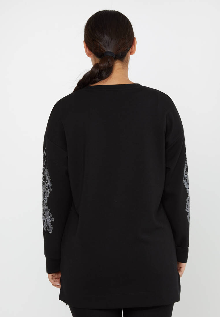 Women's Sweatshirt Embroidered Floral Pattern Black - 17783 | KAZEE