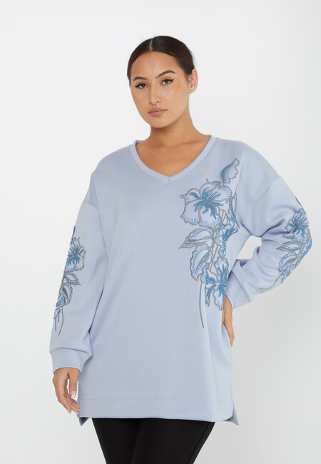 Women's Sweatshirt Embroidered Floral Pattern Blue - 17783 | KAZEE - Thumbnail