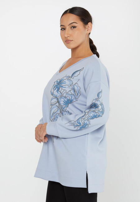 Women's Sweatshirt Embroidered Floral Pattern Blue - 17783 | KAZEE - Thumbnail