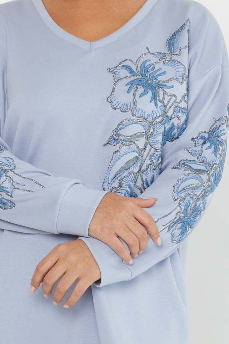 Women's Sweatshirt Embroidered Floral Pattern Blue - 17783 | KAZEE