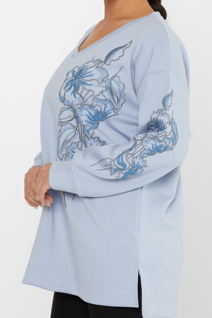 Women's Sweatshirt Embroidered Floral Pattern Blue - 17783 | KAZEE - Thumbnail