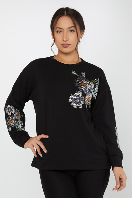 Women's Sweatshirt Embroidered Long Sleeve Black - 17857 | KAZEE - Thumbnail