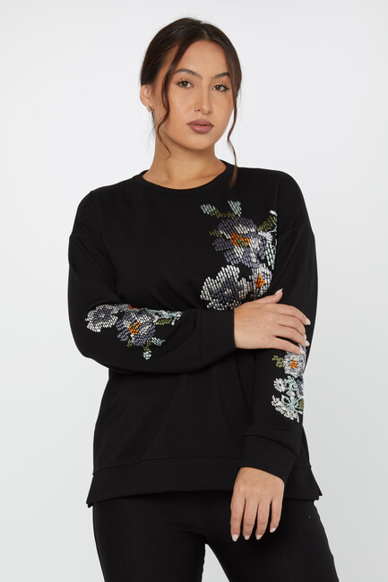 Women's Sweatshirt Embroidered Long Sleeve Black - 17857 | KAZEE - Thumbnail