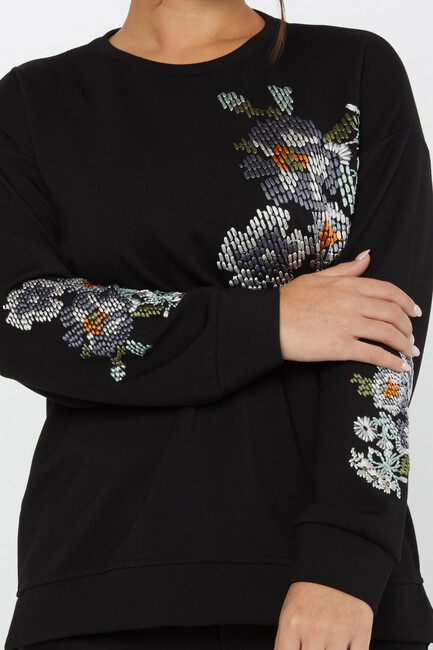 Women's Sweatshirt Embroidered Long Sleeve Black - 17857 | KAZEE - Thumbnail