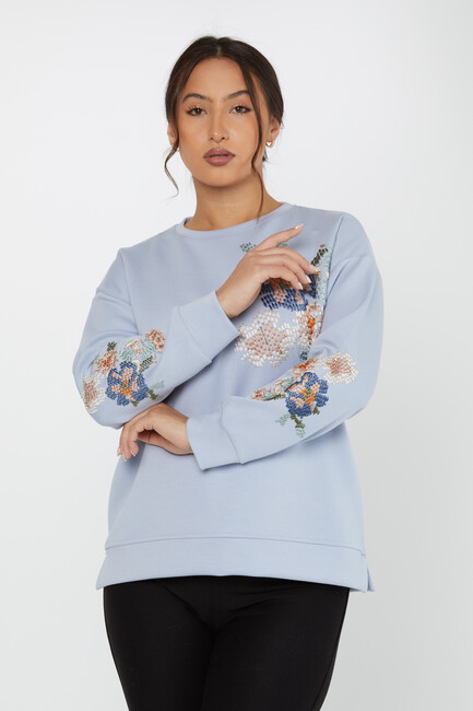 Women's Sweatshirt Embroidered Long Sleeve Blue - 17857 | KAZEE - Thumbnail