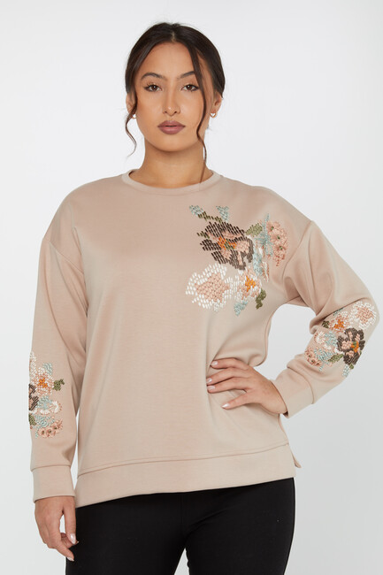 Women's Sweatshirt Embroidered Long Sleeve Beige - 17857 | KAZEE - Thumbnail