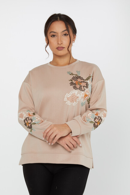 Women's Sweatshirt Embroidered Long Sleeve Beige - 17857 | KAZEE - Thumbnail