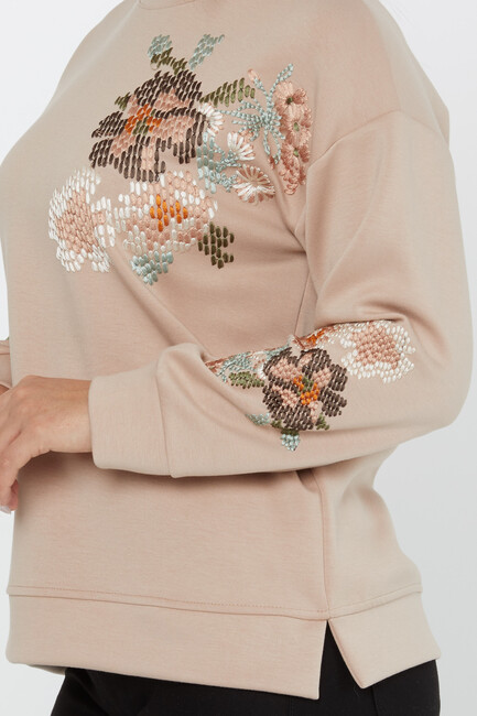 Women's Sweatshirt Embroidered Long Sleeve Beige - 17857 | KAZEE - Thumbnail