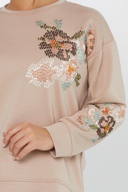 Women's Sweatshirt Embroidered Long Sleeve Beige - 17857 | KAZEE - Thumbnail