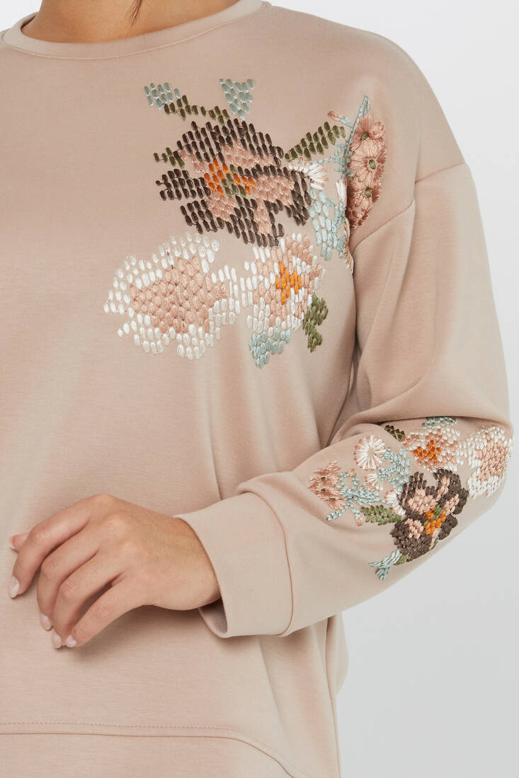 Women's Sweatshirt Embroidered Long Sleeve Beige - 17857 | KAZEE