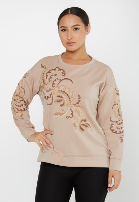 Women's Sweatshirt Embroidered Patterned Beige - 17782 | KAZEE - Thumbnail