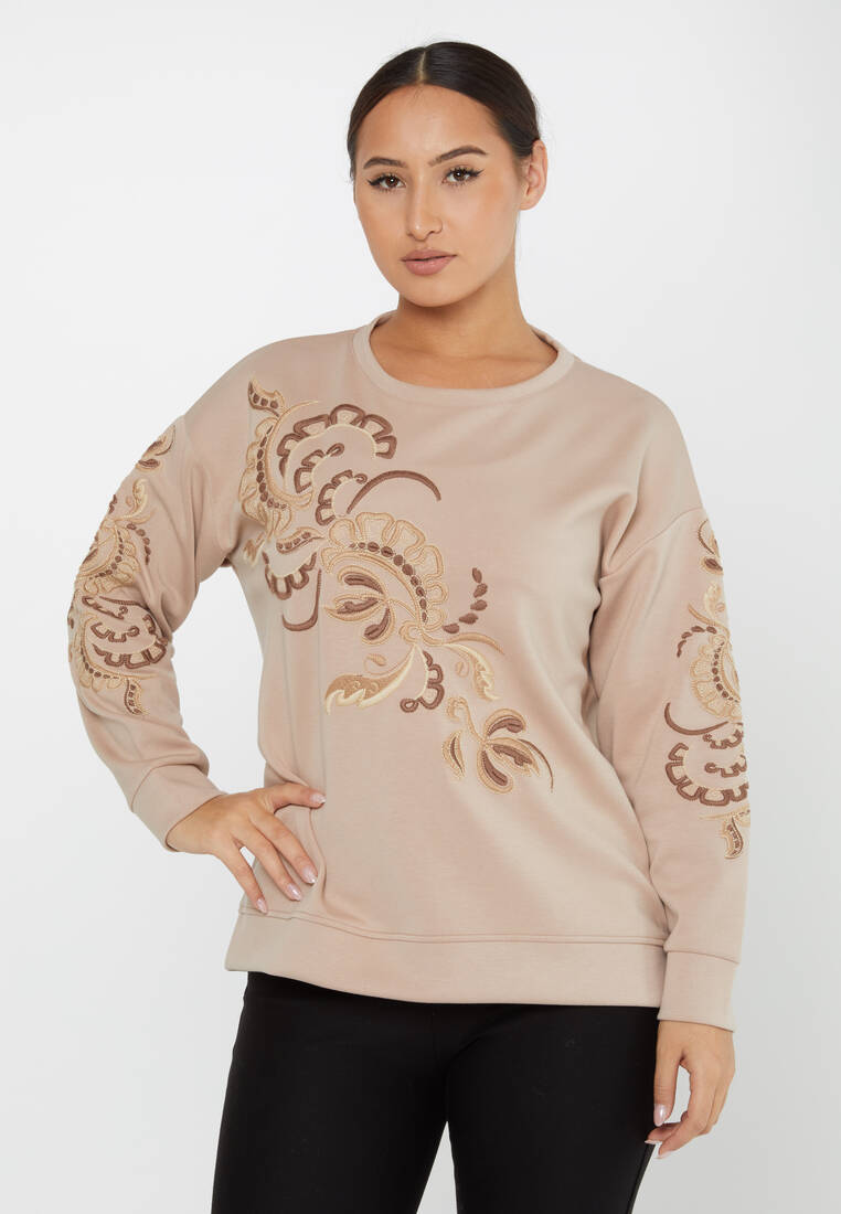 Women's Sweatshirt Embroidered Patterned Beige - 17782 | KAZEE