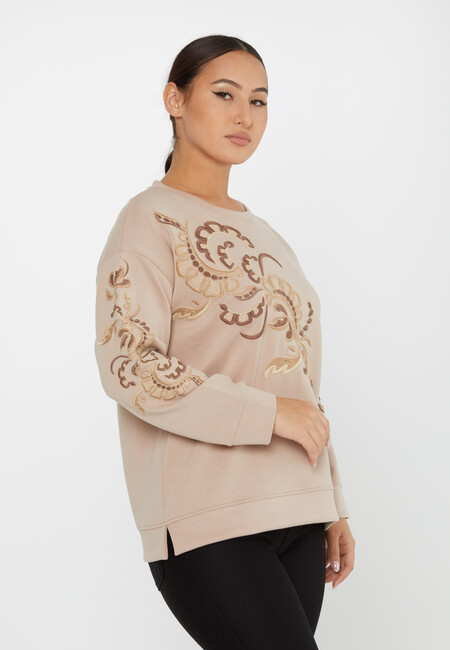 Women's Sweatshirt Embroidered Patterned Beige - 17782 | KAZEE - Thumbnail