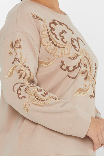 Women's Sweatshirt Embroidered Patterned Beige - 17782 | KAZEE - Thumbnail