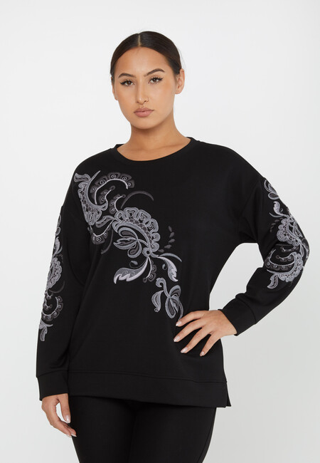 Women's Sweatshirt Embroidered Patterned Black - 17782 | KAZEE - Thumbnail