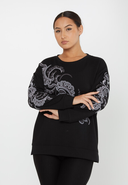 Women's Sweatshirt Embroidered Patterned Black - 17782 | KAZEE - Thumbnail