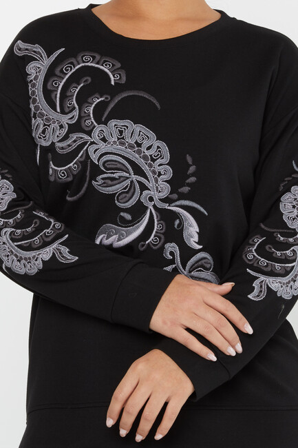 Women's Sweatshirt Embroidered Patterned Black - 17782 | KAZEE - Thumbnail