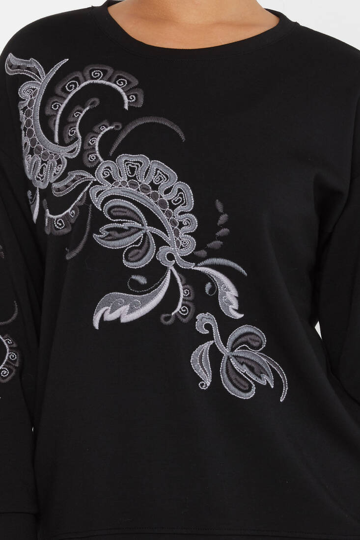 Women's Sweatshirt Embroidered Patterned Black - 17782 | KAZEE