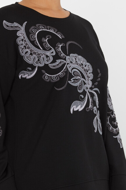 Women's Sweatshirt Embroidered Patterned Black - 17782 | KAZEE - Thumbnail