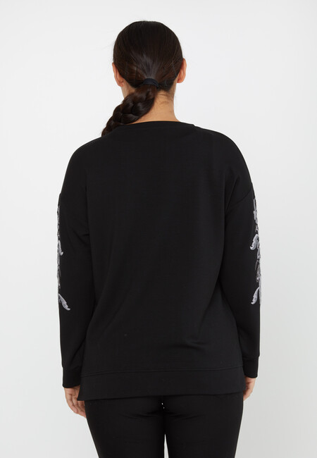 Women's Sweatshirt Embroidered Patterned Black - 17782 | KAZEE - Thumbnail