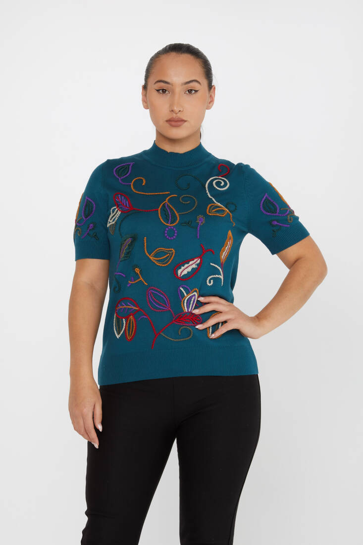 Women's Sweatshirt Embroidered Petrol - 15844 | KAZEE