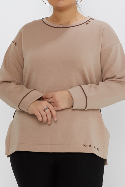 Women's Sweatshirt Embroidery Detailed Mink - 17752 | KAZEE - Thumbnail