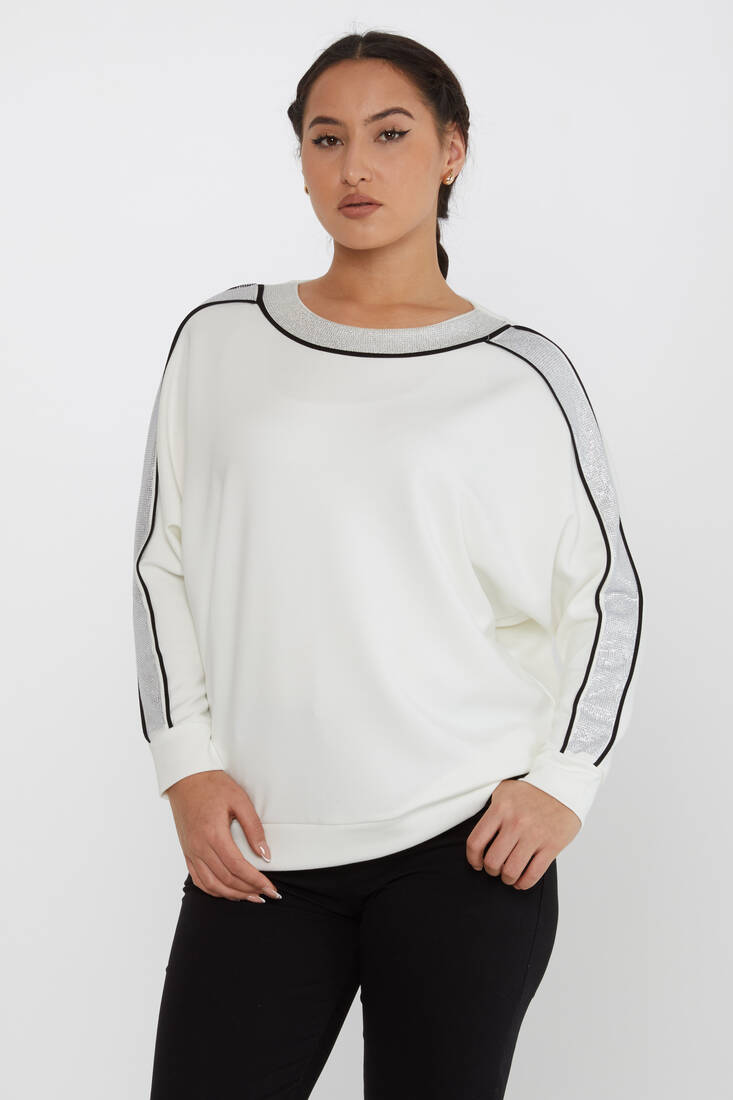 Women's Sweatshirt Striped Detailed Stoned Ecru - 2230 | KAZEE