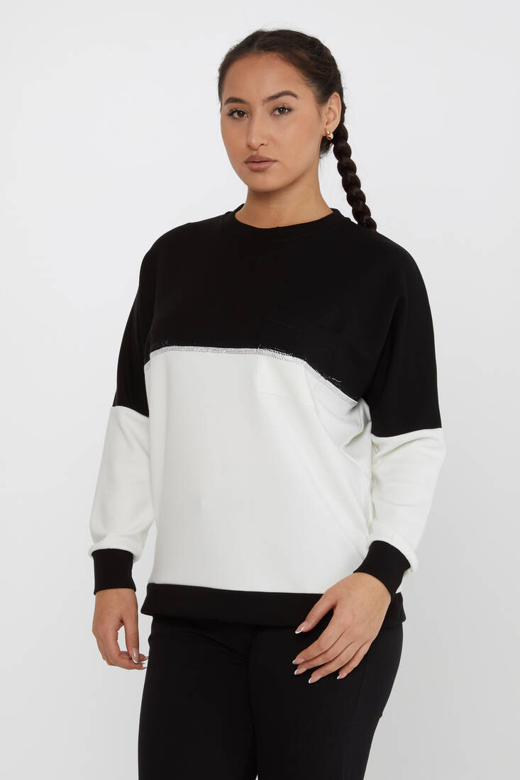 Women's Sweatshirt Pocket Detail Stoned Black-Ecru - 2311 | KAZEE