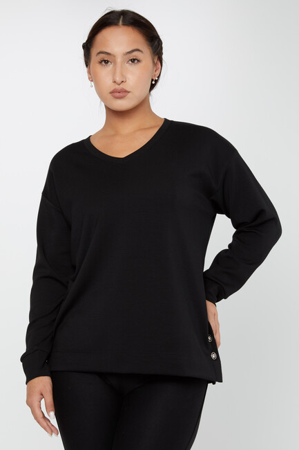 Women's Sweatshirt Sleeves Button Detail Black - 17795 | KAZEE - Thumbnail