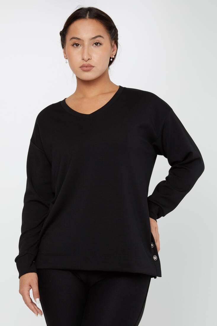 Women's Sweatshirt Sleeves Button Detail Black - 17795 | KAZEE