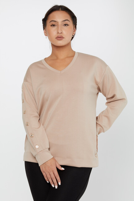 Women's Sweatshirt Sleeves Button Detail Beige - 17795 | KAZEE - Thumbnail