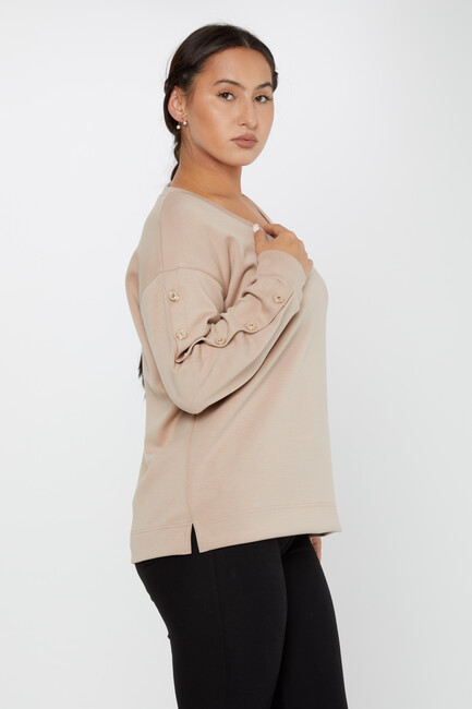 Women's Sweatshirt Sleeves Button Detail Beige - 17795 | KAZEE - Thumbnail