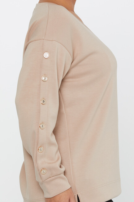 Women's Sweatshirt Sleeves Button Detail Beige - 17795 | KAZEE - Thumbnail