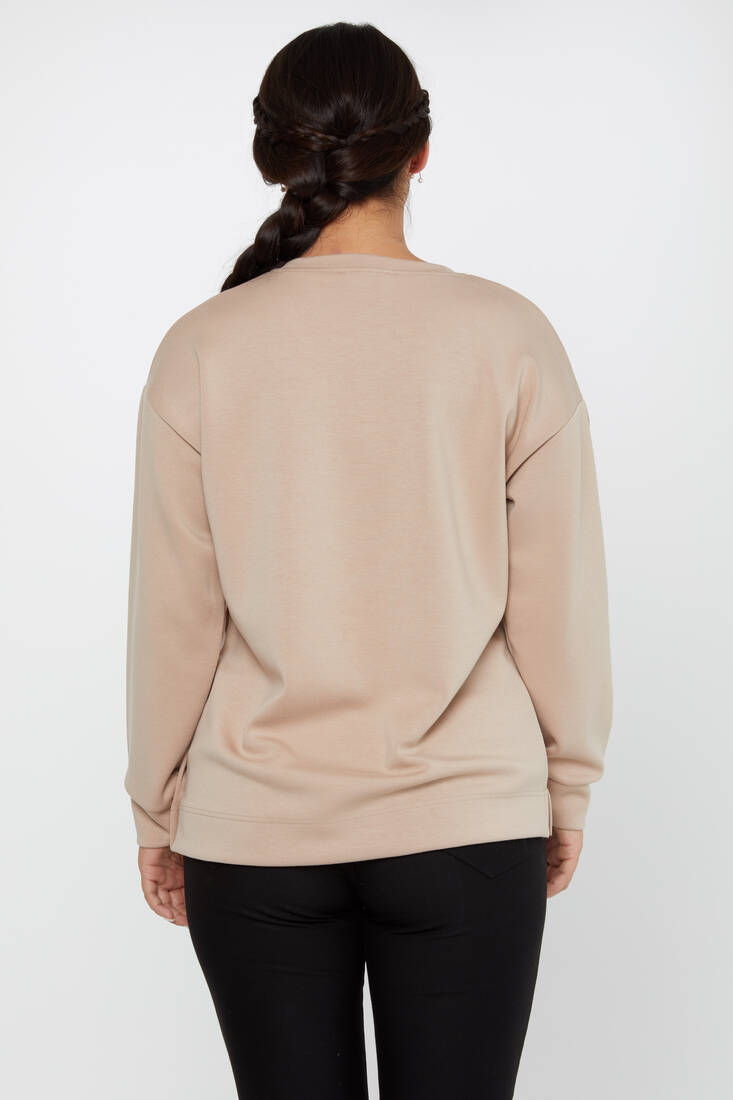 Women's Sweatshirt Sleeves Button Detail Beige - 17795 | KAZEE