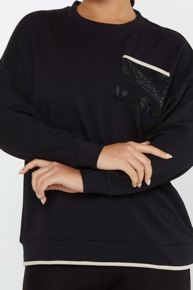 Women's Sweatshirt Stone Pocket Detail Black - 2235 | KAZEE