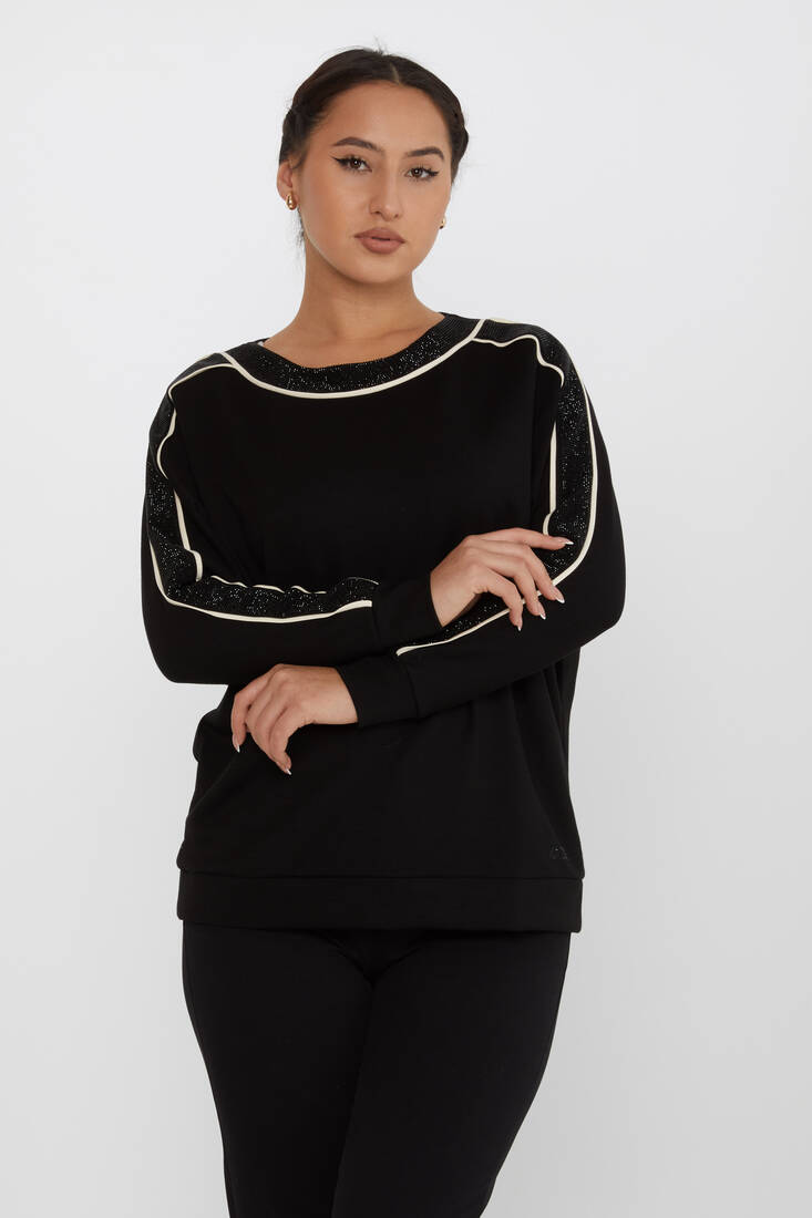 Women's Sweatshirt Striped Detailed Stoned Black - 2230 | KAZEE