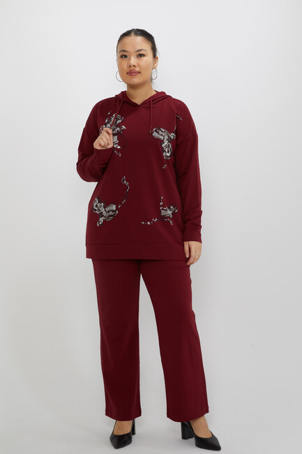 Women's Tracksuit Set Hooded Stone Detailed Burgundy - 17897 | KAZEE - Thumbnail