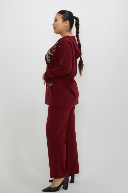 Women's Tracksuit Set Hooded Stone Detailed Burgundy - 17897 | KAZEE - Thumbnail