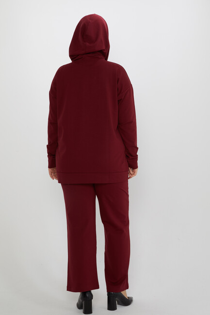 Women's Tracksuit Set Hooded Stone Detailed Burgundy - 17897 | KAZEE - Thumbnail