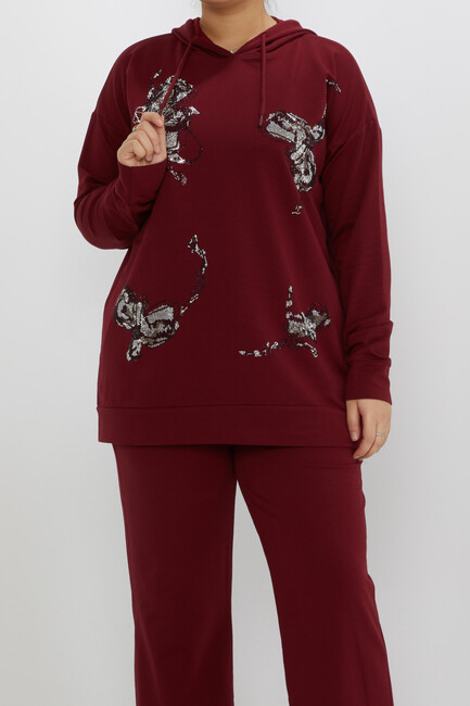 Women's Tracksuit Set Hooded Stone Detailed Burgundy - 17897 | KAZEE - Thumbnail