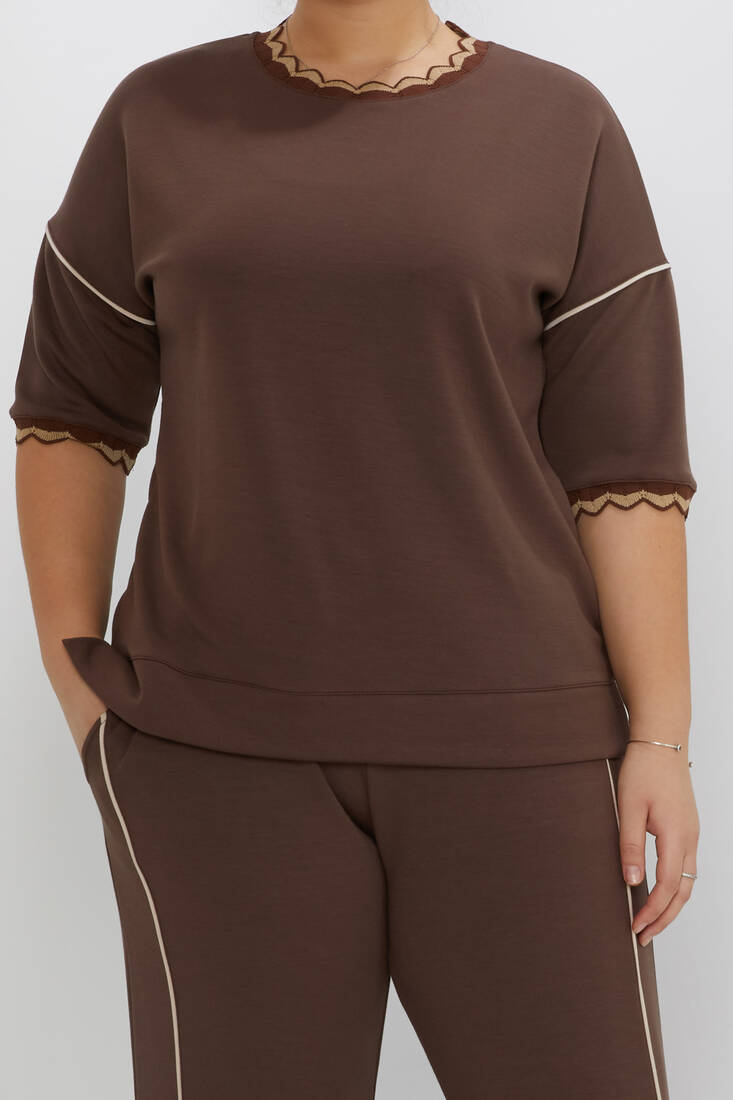 Women's Tracksuit Collar Detail Brown - 17865 | KAZEE